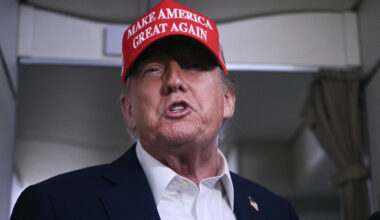 President Donald Trump speaks to journalists