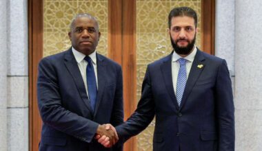 Foreign Secretary David Lammy shakes hands with Syrian interim president Ahmed al-Sharaa in Damascus. Pic: X / @DavidLammy
