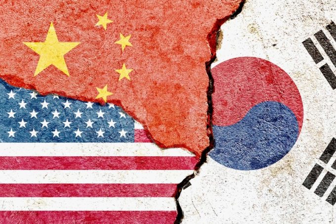 China, South Korea, US Flags
