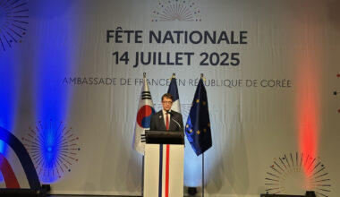 French Ambassador to Korea Philippe Bertoux speaks at a reception celebrating Bastille Day, or Fête Nationale, on July 14 at the Grand Hyatt Seoul, highlighting Franco-Korean friendship and shared ambitions in global security, technological innovation and climate action. [SEO JI-EUN]