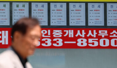 A passerby walks past a real estate agency displaying rental listings in Seoul on June 23 as the city undergoes a sharp rise in housing prices. The uptick in prices has pushed the city’s average jeonse-to-price ratio to its lowest level in over eight years. According to real estate platform R114, the average jeonse ratio-the proportion of rental deposit to property sales price-for 1.57 million apartment units across Seoul's 25 districts fell to 45.2 percent in May, the lowest since January 2017. [YONHAP]