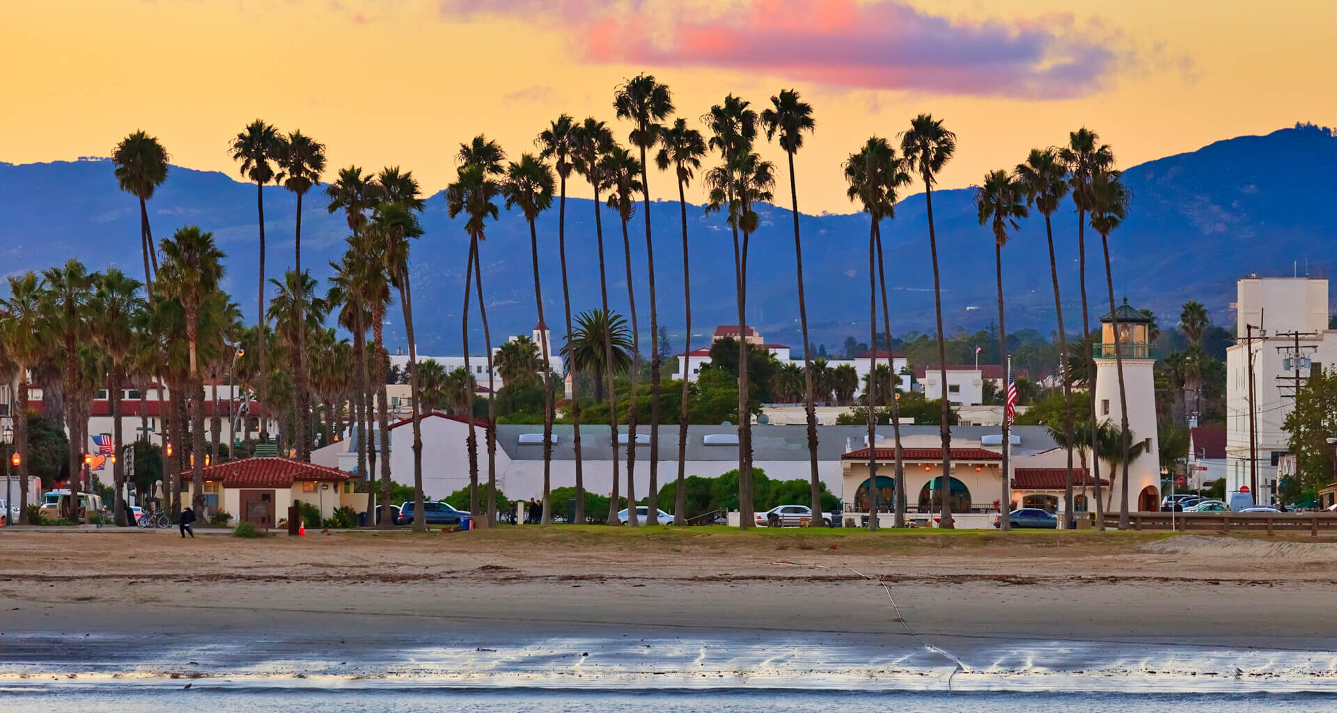 View of Santa Barbara, California from the pier during evening time for real estate, travel and more.