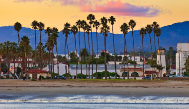 View of Santa Barbara, California from the pier during evening time for real estate, travel and more.