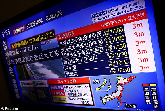 A television screen shows a news report on Japan Weather Agency's tsunami warning, saying it expected tsunami waves of up to 3 meters (10 feet) to reach large coastal areas in Japan after a powerful earthquake struck off Russia's Far Eastern Kamchatka Peninsula, in Tokyo, Japan July 30, 2025.  REUTERS/Issei Kato       TPX IMAGES OF THE DAY