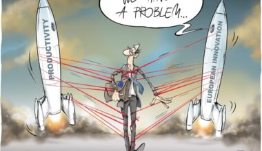 A European bureaucrat tangled in red tape restrains two rockets labeled “Productivity” and “European Innovation” as they try to launch.