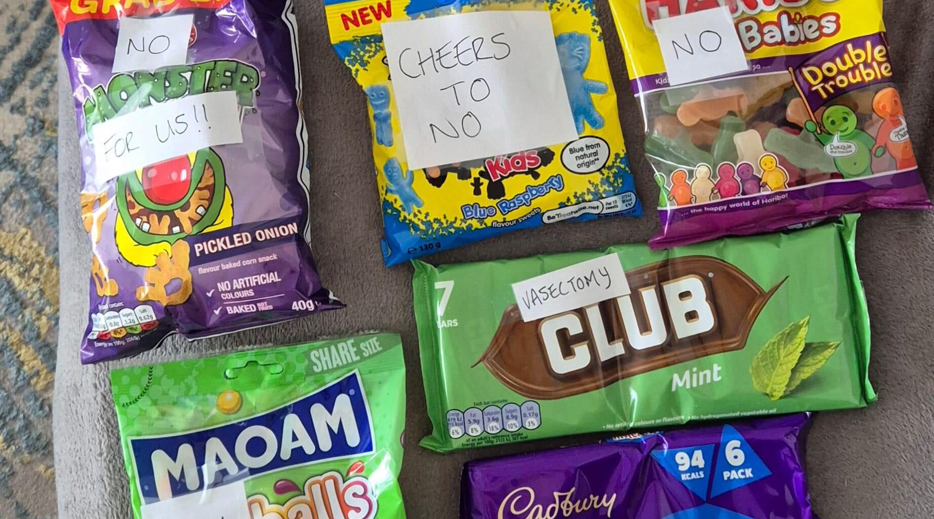 Friends hubby is getting a vasectomy tomorrow so she made him a care package.