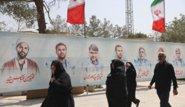 Pictures of Iranian military commanders, nuclear scientists and others killed in Israeli strikes are displayed in Behesht ...