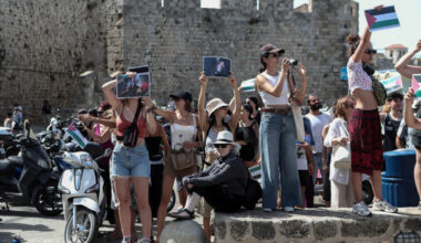 Crown Iris, a cruise liner carrying Israeli tourists, arrived at the Greek island of Rhodes