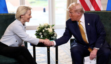 FILE PHOTO: EC President von der Leyen is pictured with US President Trump in Scotland