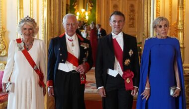 King Charles III and Queen Camilla host a state banquet in honor of the President of France at Windsor Castle on July 8, 2025 (Aaron Chown/PA Images/Alamy)