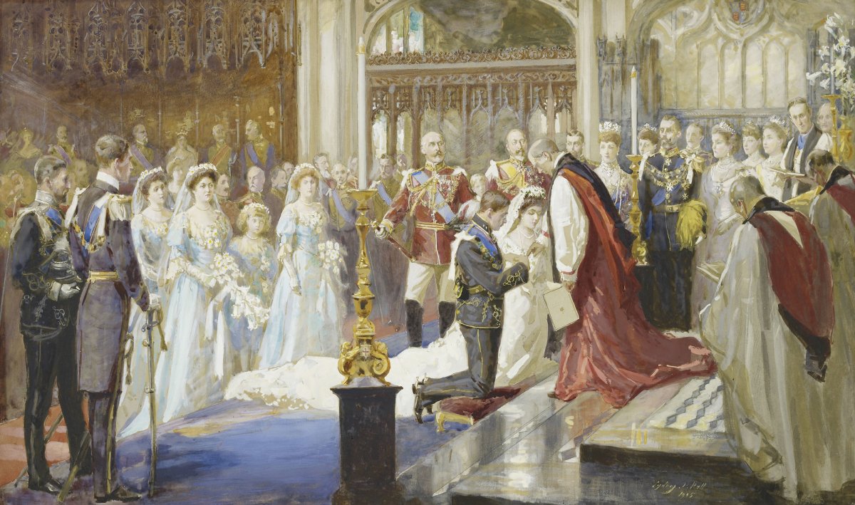 Sydney Prior Hall’s painting of the wedding of Prince Gustaf and Princess Margaret at St. George’s Chapel, Windsor Castle on June 15, 1905 (Royal Collection Trust)