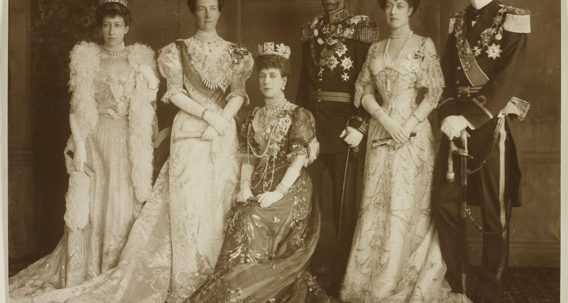 Family group taken during the wedding celebrations in Windsor on June 15, 1905: Princess Louise; Crown Princess Victoria of Sweden; Queen Alexandra; Crown Prince Gustaf of Sweden; Princess Victoria; Prince Wilhelm of Sweden (Royal Collection Trust)
