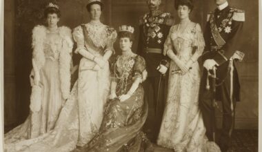 Family group taken during the wedding celebrations in Windsor on June 15, 1905: Princess Louise; Crown Princess Victoria of Sweden; Queen Alexandra; Crown Prince Gustaf of Sweden; Princess Victoria; Prince Wilhelm of Sweden (Royal Collection Trust)