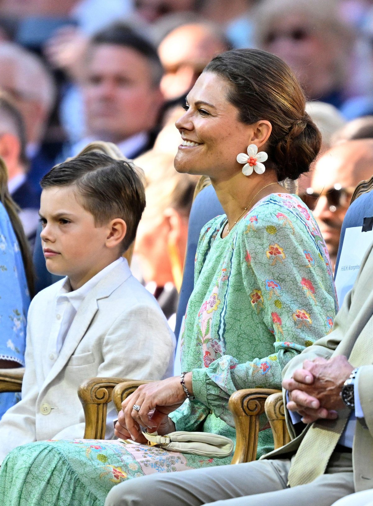 Crown Princess Victoria of Sweden, with Prince Oscar, attends a concert celebrating her birthday at the Borgholm Castle ruins on Öland on July 14, 2025 (Mikael Fritzon/TT News Agency/Alamy)