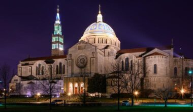 The Basilica of the National Shrine of the Immaculate Conception stands next to The Catholic University of America in Washington, DC.