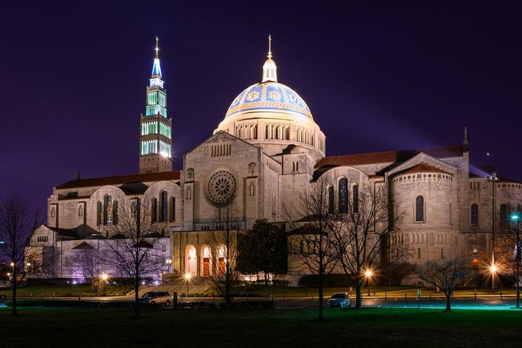 The Basilica of the National Shrine of the Immaculate Conception stands next to The Catholic University of America in Washington, DC.