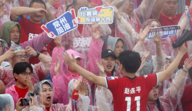 Football fans cheer for players during the 5th round match between Changzhou team and Nanjing team at the 2025 Jiangsu Football City League in Changzhou, Jiangsu Province of China.