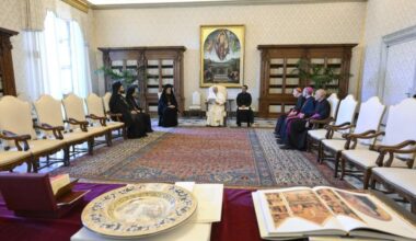 Pope Leo XIV meets with the delegation of the Ecumenical Patriarchate of Constantinople on June 28, 2025, at the Vatican.