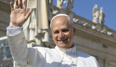 Pope Leo waves during his June 25, 2025, general audience.