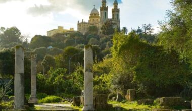 Roman ruins of the ancient city of Hippo with the Church of St. Augustine in the background, Annaba, Algeria