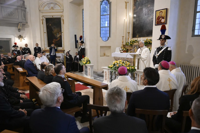 Pope Leo XIV celebrates Mass in the chapel at the Carabinieri station in Castel Gandolfo on July 15, 2025.