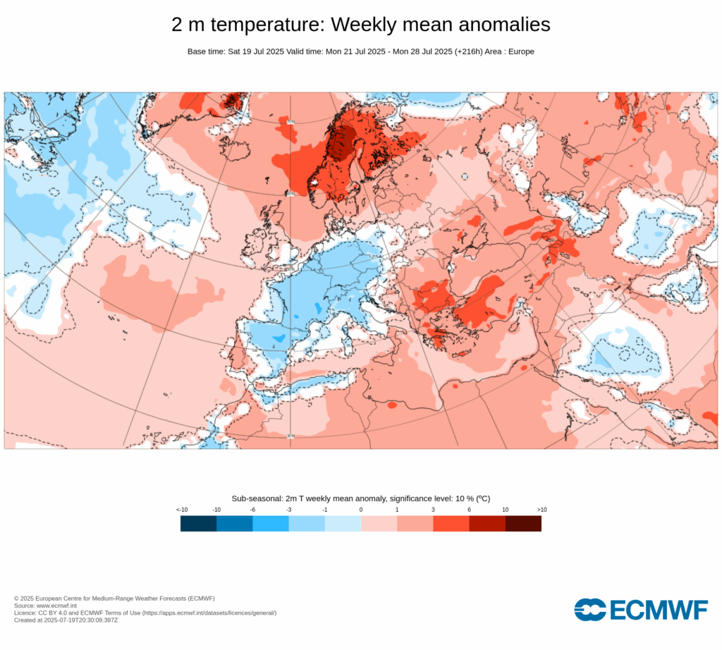 A média de anomalia de temperatura 21 a 28 de julho mostra algo "misto" pois efetivamente teremos duas metades distintas esta semana!