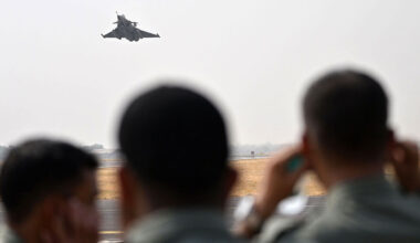 An Indian Air Force Rafale fighter jet takes off during a joint exercise with the French Air and Space Force at Jodhpur in India