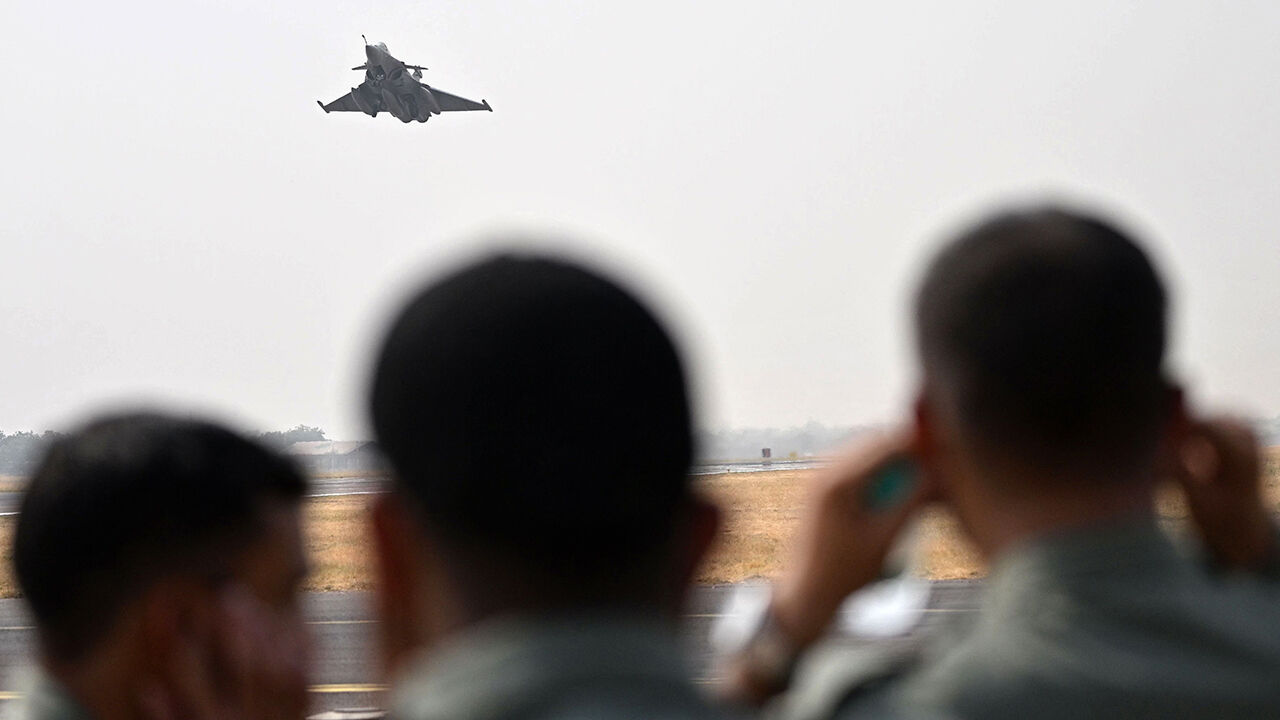 An Indian Air Force Rafale fighter jet takes off during a joint exercise with the French Air and Space Force at Jodhpur in India