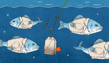 An illustration of a tea bag on a fishing hook underwater surrounded but disinterested fish wearing white lab coats.