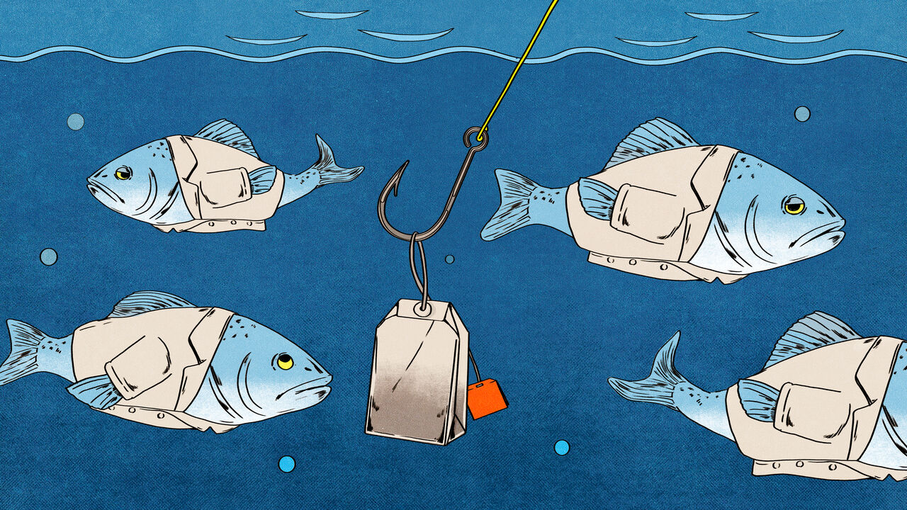 An illustration of a tea bag on a fishing hook underwater surrounded but disinterested fish wearing white lab coats.