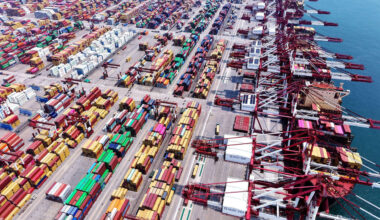Aerial photo shows the Qingdao Port in Qingdao City, east China's Shandong Province, China.