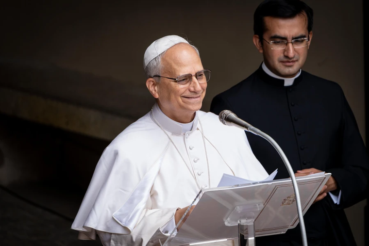 Pope Leo XIV addresses the crowd at the Angelus on July 13, 2025, at the papal estate of Castel Gandolfo.