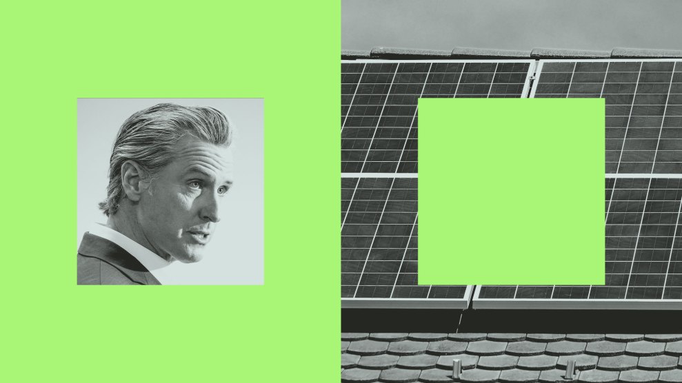 A composite image juxtaposes a black-and-white portrait of Governor Gavin Newsom with a photo of solar panels on a residential rooftop.