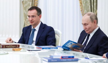 Russian President Vladimir Putin and Presidential Aide Vladimir Medinsky attend a meeting with editors of the federal lineup of history textbooks for grades 5 to 11 of secondary school as well as vocational schools, at the Kremlin in Moscow, Russia.