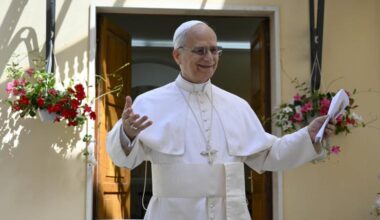 Pope Leo smiles as he arrives for a visit to the Santa Marta Retirement Home in Castel Gandolfo, Italy, on July 21, 2015.