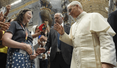 Pope Leo XIV blesses Elizabeth Busby and her baby on the way at the Mass for Digital Missionaries on July 29, 2025, at St. Peter’s Basilica at the Vatican. A family and marriage therapist, Busby hosts the “Discerning Marriage” podcast and developed the Next Step formation program for people who are discerning marriage.