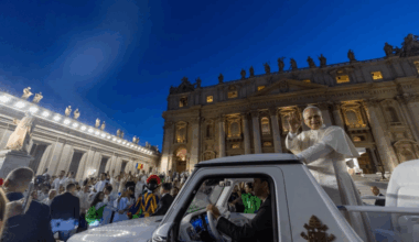 Pope Leo XIV waves from the popemobile during a surprise ride around St. Peter’s Square at the Vatican following the Jubilee of Youth welcome Mass on July 29, 2025.
