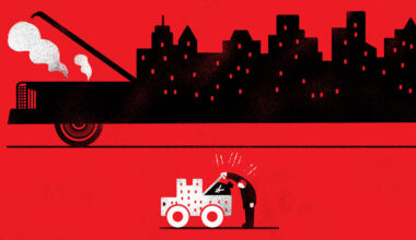 Illustration of a large black car, its body is shaped like a city skyline. The hood is open with white smoke coming out. A smaller white car sits below. It's made to look like a miniature version of the city-car above, with a blocky, castle-like design.