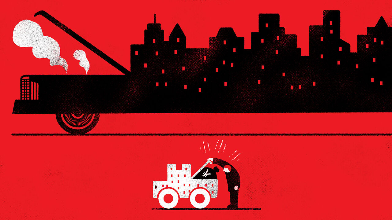 Illustration of a large black car, its body is shaped like a city skyline. The hood is open with white smoke coming out. A smaller white car sits below. It's made to look like a miniature version of the city-car above, with a blocky, castle-like design.