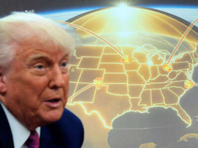 President Donald Trump speaks in front of an image representing Trump's proposed "Golden Dome" missile defense system in the Oval Office at the White House on May 20, 2025, in Washington, D.C.
