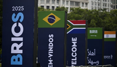BRICS summit banners are seen on Thursday near the Modern Art Museum (MAM) where the BRICS summit 2025 is being held in Rio de Janeiro, Brazil.