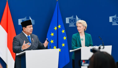 President Prabowo Subianto (left) and European Commission President Ursula von der Leyen (right) announce the "political agreement" of the Indonesia-EU Comprehensive Partnership Agreement (IEU-CEPA) on July 14, 2025 in Brussels.