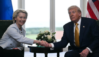 US President Donald Trump (right) shakes hands with European Commission President Ursula von der Leyen after agreeing on a trade deal between the two economies following their meeting, in Turnberry south west Scotland, on July 27, 2025.