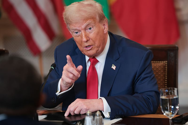 WASHINGTON, DC - JULY 09: U.S. President Donald Trump answers questions during a multilateral lunch with African leaders in the State Dining Room of the White House July 9, 2025 in Washington, DC. The leaders of Gabon, Guinea-Bissau, Liberia, Mauritania and Senegal met with Trump during the luncheon.  (Photo by Win McNamee/Getty Images)