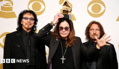 Ozzy Osbourne is seen on a screen as he performs at the Black Sabbath's farewell show