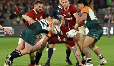 ADELAIDE: British and Irish Lions’ Mack Hansen (center) is tackled by Harry McLaughlin-Phillips (left) of Australia and New Zealand Invitational XV during the tour match between the Australia and New Zealand Invitational XV and the British and Irish Lions on July 12, 2025. –AFP