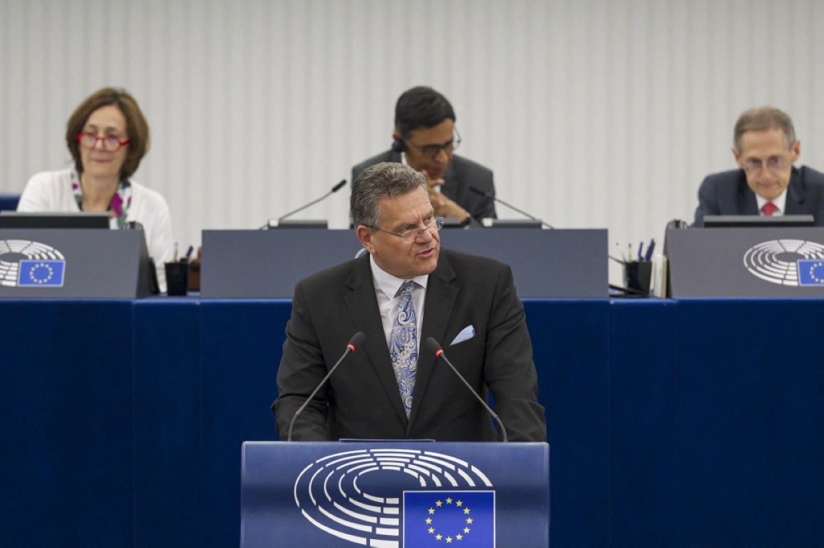 STRASBOURG: EU Commissioner for Trade and Economic Security, Interinstitutional relations and Transparency Maros Sefcovic speaks during a plenary session at the European Parliament, in Strasbourg.-- AFP