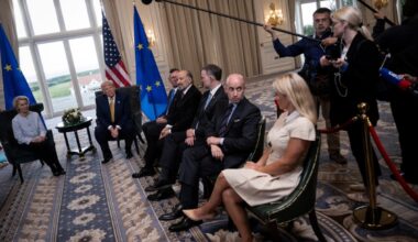 TURNBERRY: US President Donald Trump (right) and European Commission President Ursula von der Leyen (second right) speak to the press in Turnberry south west Scotland.-- AFP