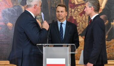 Ministrowie spraw zagranicznych Polski - Radosław Sikorski, Litwy - Kęstutis Budrys i Ukrainy - Andrij Sybiha podczas konferencji prasowej po spotkaniu
