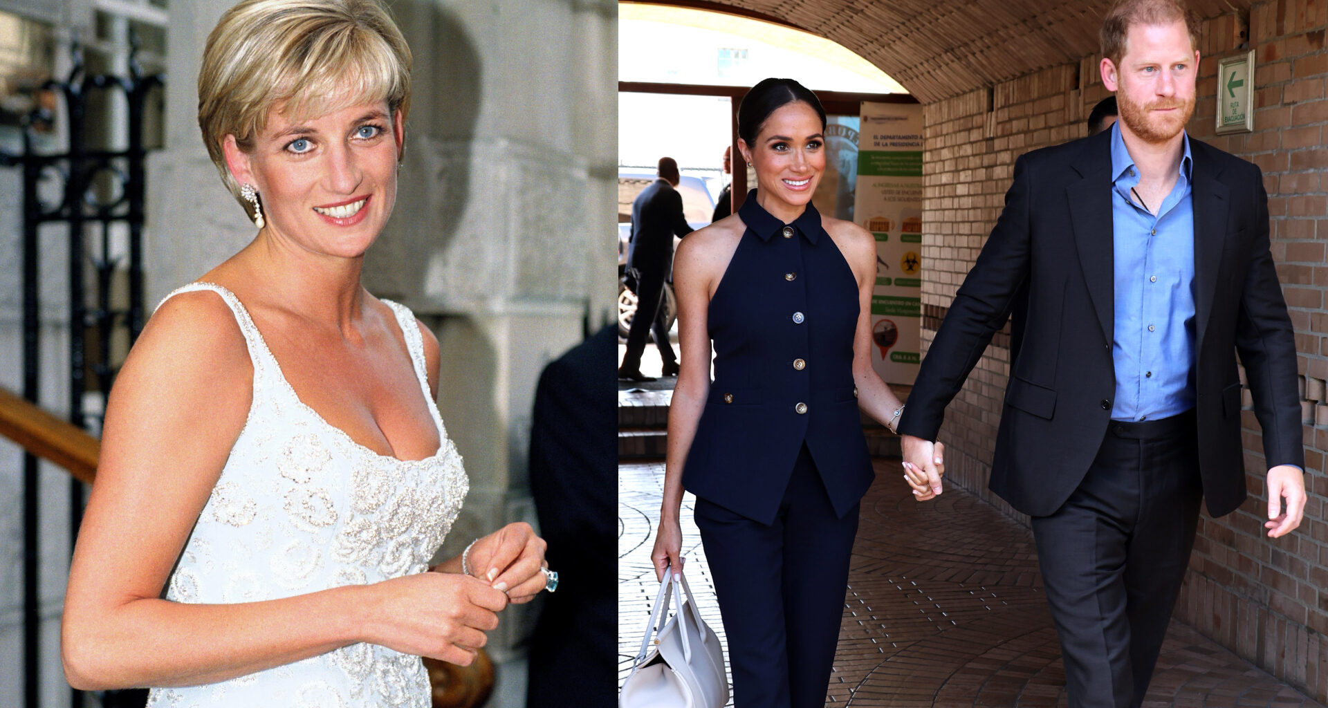 Princess Diana wearing a white plunging dress and smiling next to a photo of Prince Harry and Meghan Markle holding hands in Colombia